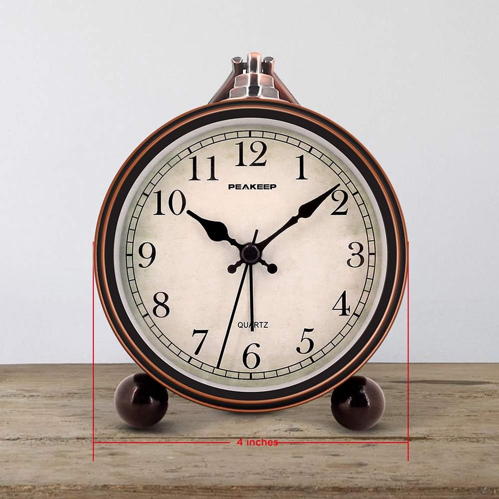 4" Small Battery Operated Analog Alarm Clock, Antique Retro Style