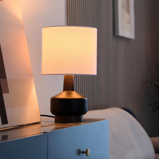 15" Ceramic Table Lamp, Matte Black Base, Wood-Toned Accent, White Linen Shade, Dual Rotary Switch, Modern Bedroom or Office Lighting, 61000046
