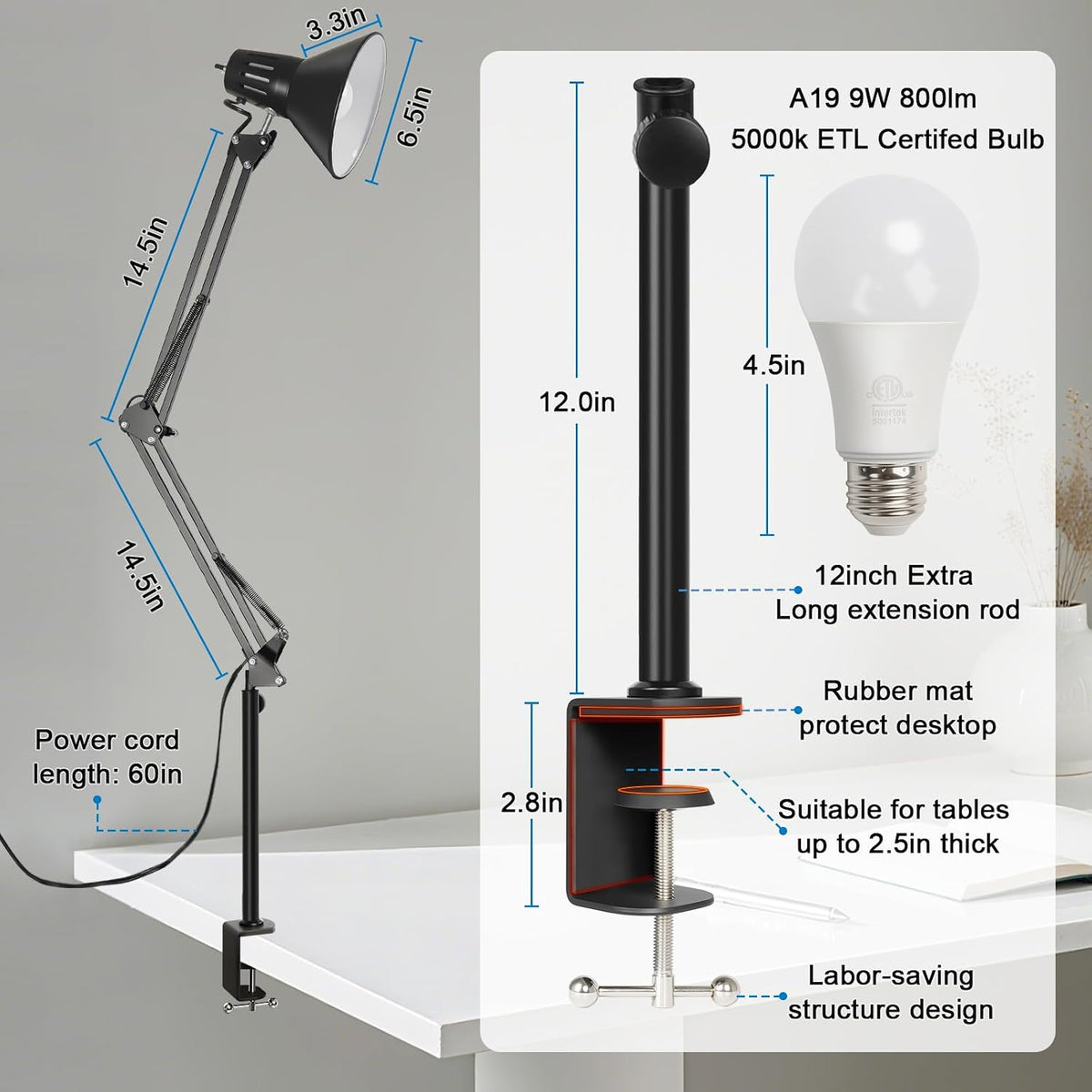 LED Clamp on Desk Lamp, 360°Adjustable Swing Arm Desk Lamp