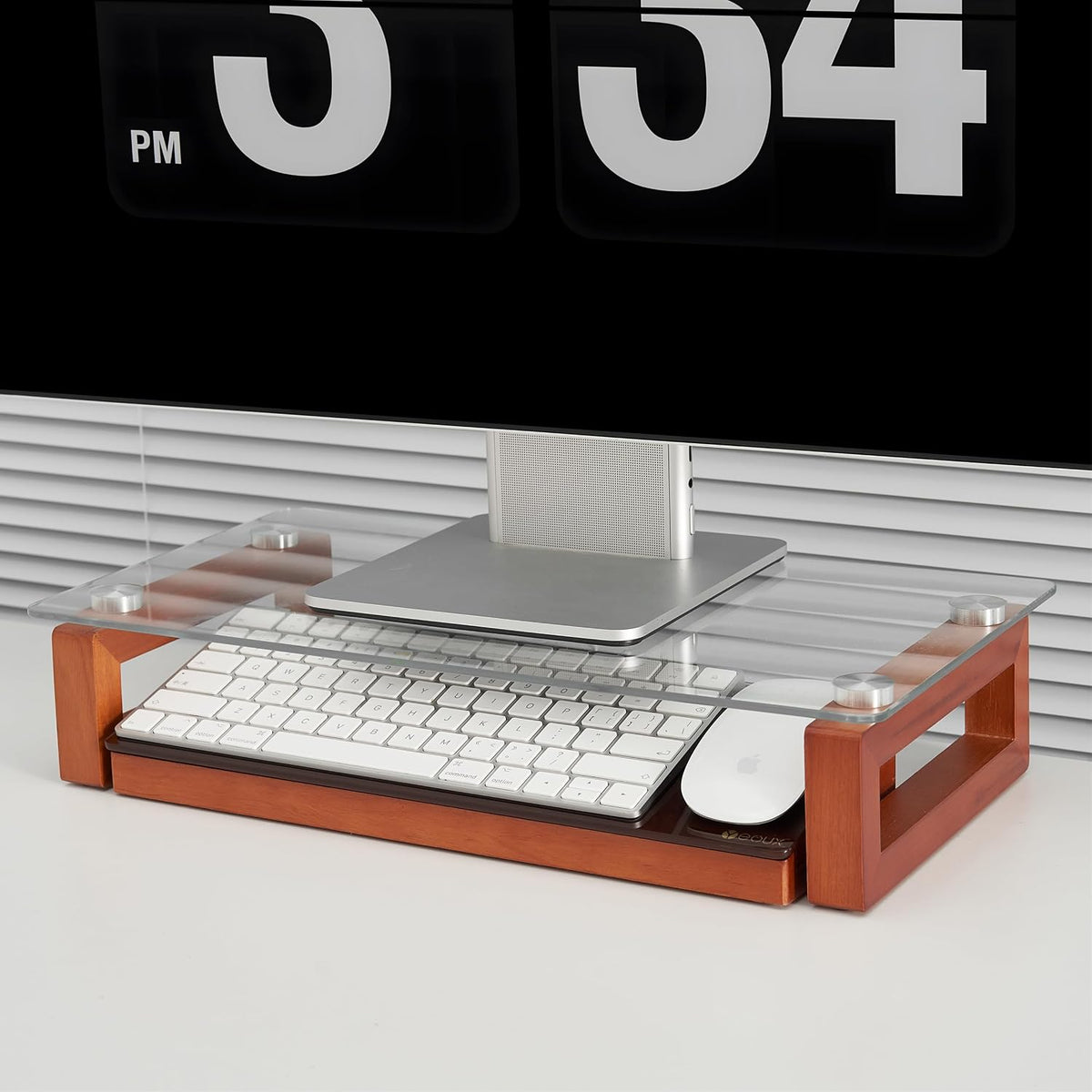 Glass Desktop Whiteboard with Wood Organizer for Small Office Accessories, Aesthetic Desk Dry Erase White Board with Drawer for Home Office Cubicle, Marker & Eraser Included