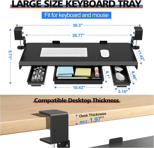 27" x 12" Height Adjustable Keyboard Tray Under Desk with Drawer
