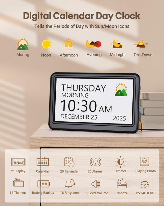 Clock with Day and Date for Elderly,7" Large Display Digital Calendar Clock