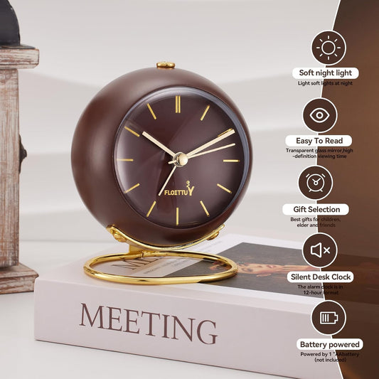 Silent Table Analog Alarm Clock No Ticking, Lighted on Demand and Battery Operated, Beep Sounds, Small Desk Clock(Cocoa Brown)