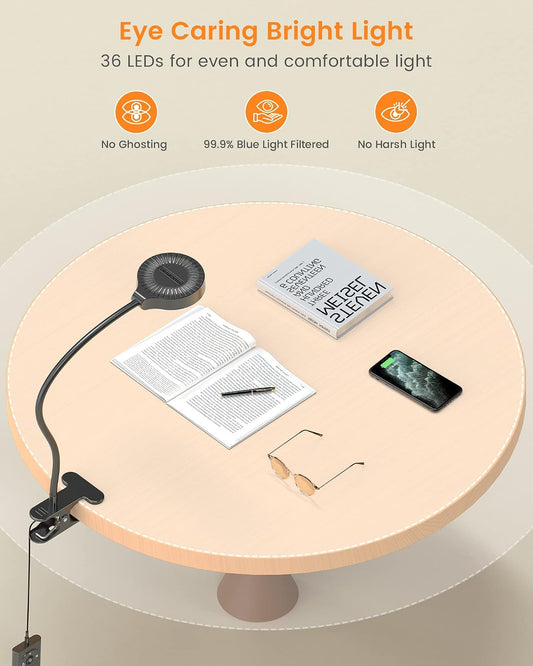 5W Clip on Light, 3 Colors & 5 Brightness Reading Light for Bed