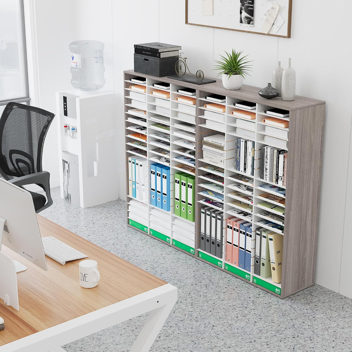 12 Compartments Wooden Literature Organizer with Adjustable Shelves, 6000 Sheets Capacity Paper Organizer, Classroom Mailbox and Mail Sorter for Teachers and Office, Retro Gray/White