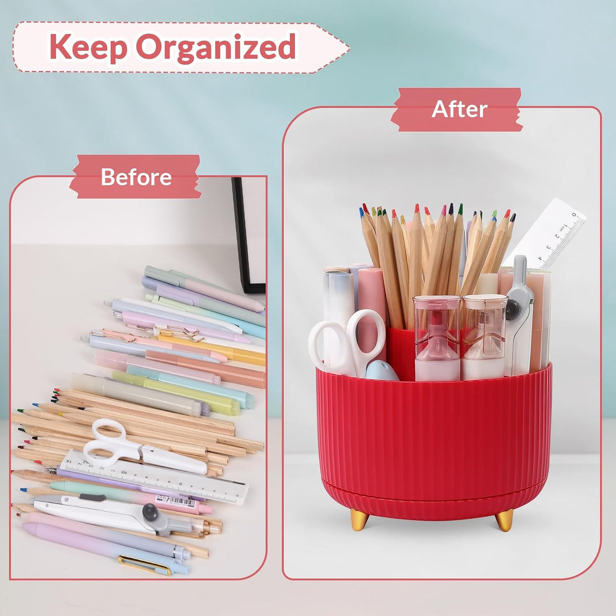 360 Rotating Plastic Desk Pen Organizer with 5 Slots, Dual-Purpose Art Supply Pencil Cup for Office, School, Home