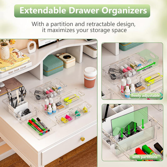 4-in-1 Expandable Drawer Organizer Set, Adjustable Clear Bins