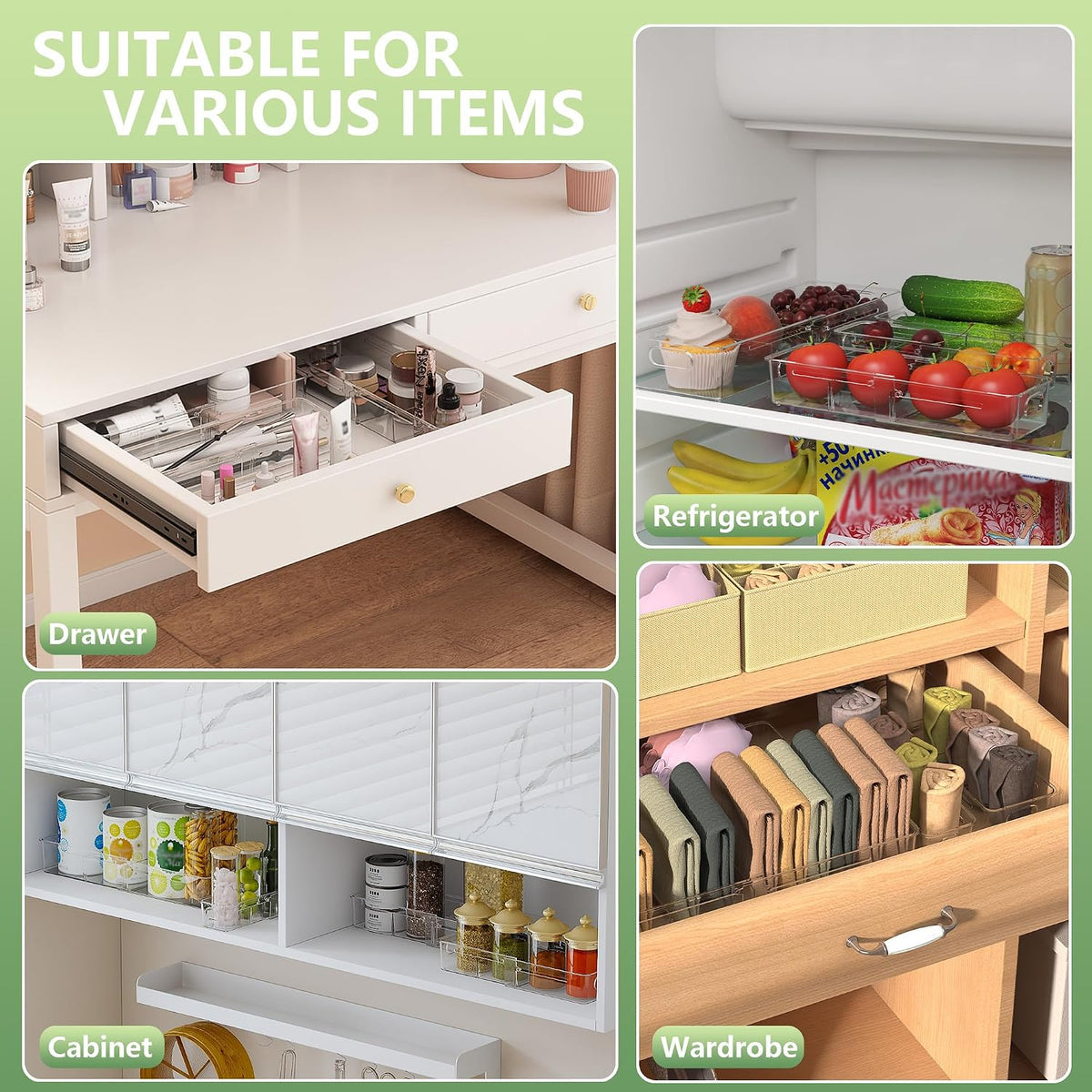 4-in-1 Expandable Drawer Organizer Set, Adjustable Clear Bins