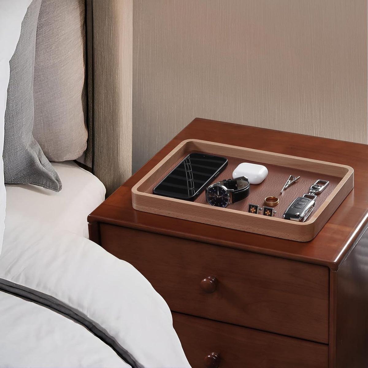 Wood Valet Tray for Men, Key Tray, Desk & Nightstand -DarkBrown