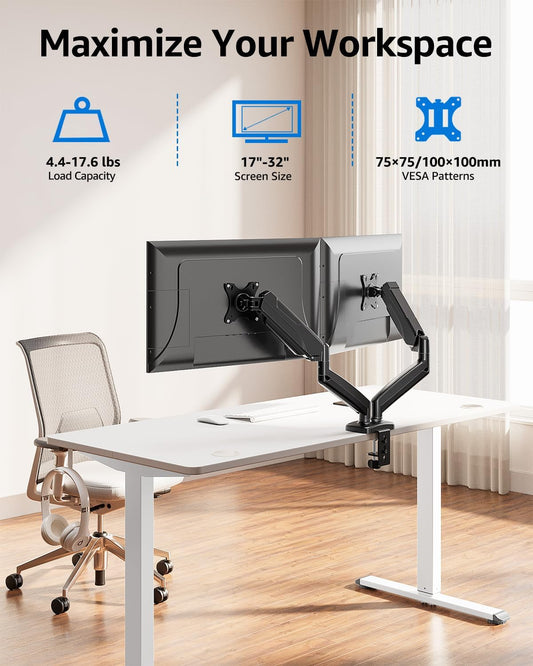 Dual Monitor Stand for Desk, Monitor Arms for 2 Monitors 32 27 24 22 Inches, Height Adjustable Double Monitor Mount, VESA Mount with C-Clamp & Grommet Base, Holds 4.4-17.6lbs
