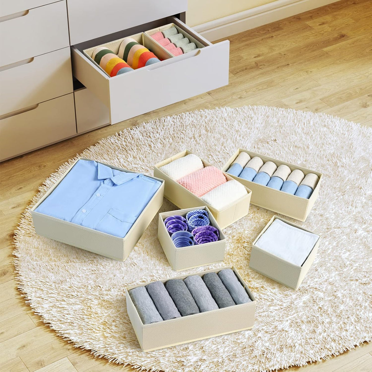 Drawer Organizer Clothes, Dresser Organizer, Foldable Closet Organizers and Storage, Fabric Dresser Bins, Drawer Dividers for Nursery, Baby Clothes, Underwears, Sock (Beige)