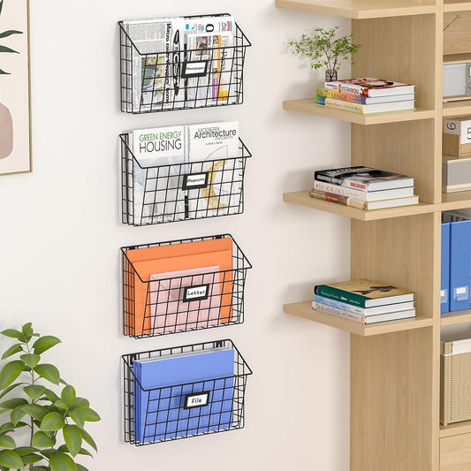 4-Tier Hanging Wall File Holder Vertical Wall Mount Metal Wall File Organizer with Tag Slot Document Magazine Rack Mail Organizer for Office Home, Black