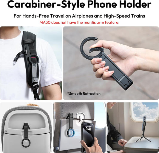 MA30 Magnetic Phone Tripod Stand for iPhone - Aluminium Maglock Smartphone Mini Tripod Pocket Cell Phone Stand Strong Magnet Quick Mount Compatible with iPhone 17 16 15 14 13 12 Series, Black