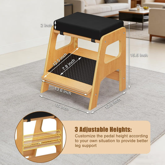Adjustable Wooden Foot Rest, Double Step Footstool with 3 Height Levels