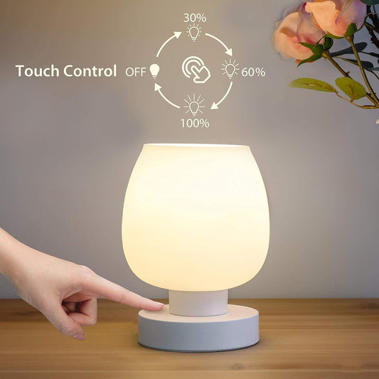 Small Bedside Lamp for Bedroom, 3-Way Dimmable Touch Control, 600 Lumen Bright Opal Glass Shade, 7.5 Inch Ultra Compact Nightstand Lamp, Warm White 2700K LED Bulb Included, Modern Design