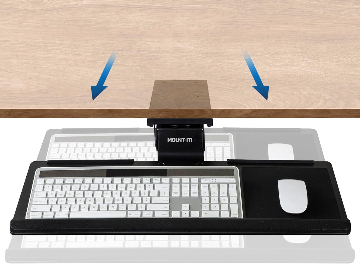 ! Under Desk Keyboard Tray, Adjustable Slide-Out Keyboard & Mouse Platform, 26.38" W × 10" D, Ergonomic Wrist Rest, Height Tilt & Swivel, Heavy-Duty Bolt-On Keyboard Drawer for Home Office