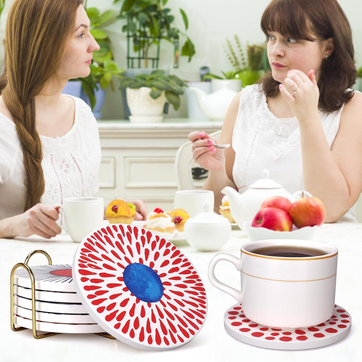 Absorbent Coasters Set of 6 Round Ceramic Coasters with Holder