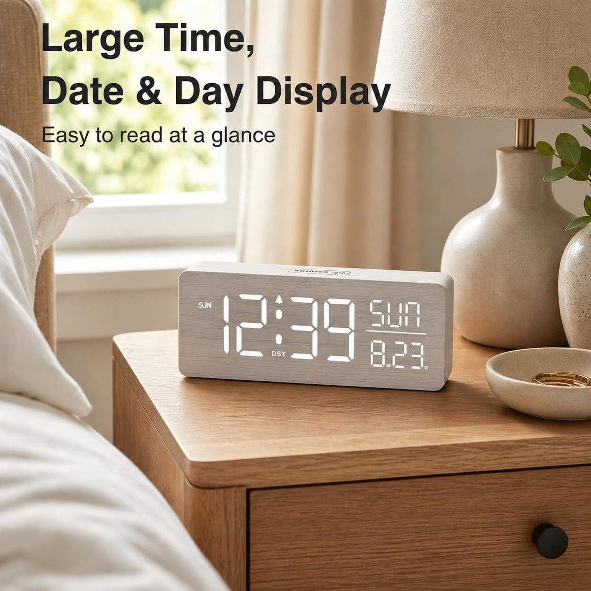 Wooden Digital Alarm Clock Large Display, Textured Decoration