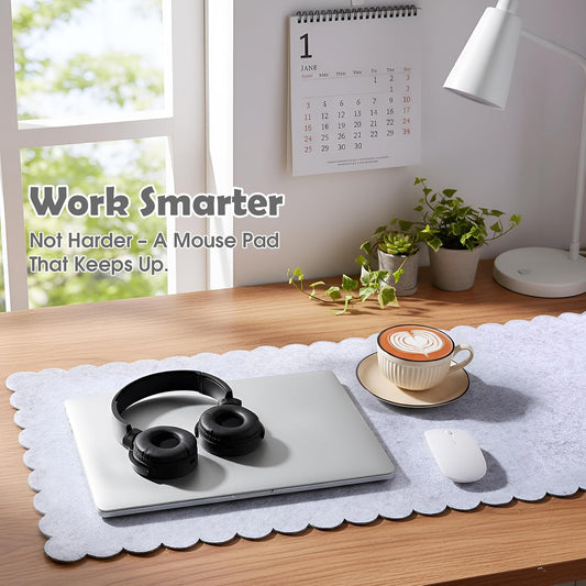 35 x 16.5 Inch Felt Desk Mat with Scalloped Edges, Large Felt Mouse Pad Non Slip Scalloped Computer Laptop Desktop Pad for Keyboard and Mouse Home Office(Gray)