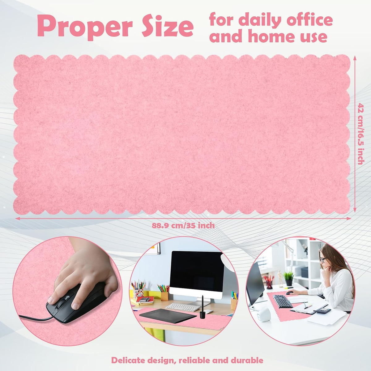 35 x 16.5 Inch Felt Desk Mat with Scalloped Edges, Large Felt Mouse Pad Non Slip Scalloped Computer Laptop Desktop Pad for Keyboard and Mouse Home Office(Gray)