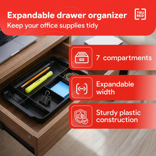 Expandable Plastic Drawer Organizer, 7-Compartment, Black