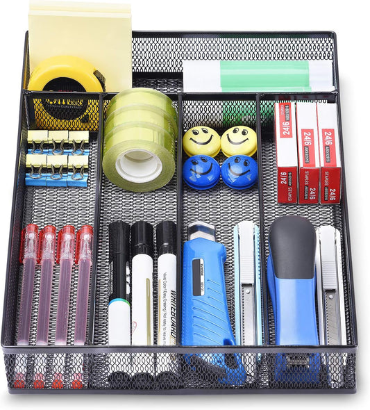 Office Desk Drawer Organizer, 5 Compartments Mesh Drawer Organizer Tray for Storage Art Supplies, Stationery, Black