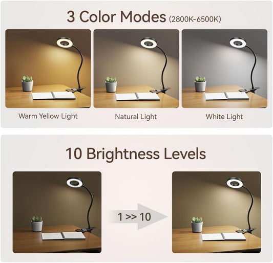 LED Desk Lamp Clip on Light with 3 Color Modes 10 Brightness Ring/Clamp Light 360° Adjustable Neck Dimmable Eye Protection Desk Lamps for Home Office