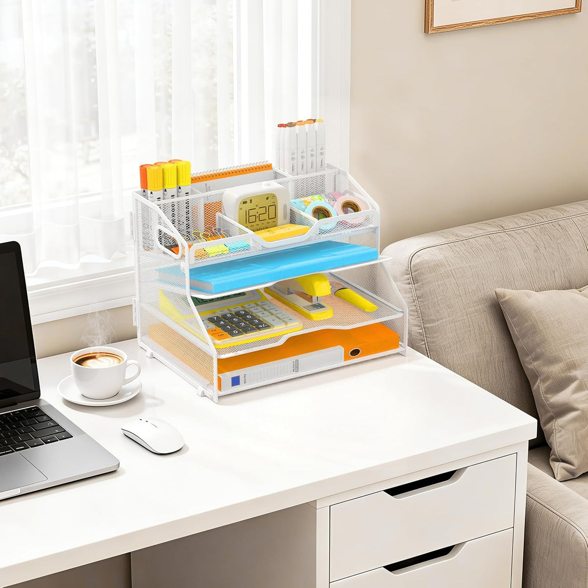 4 Tier Metal Desk Organizer with Magazine File Holder, Black