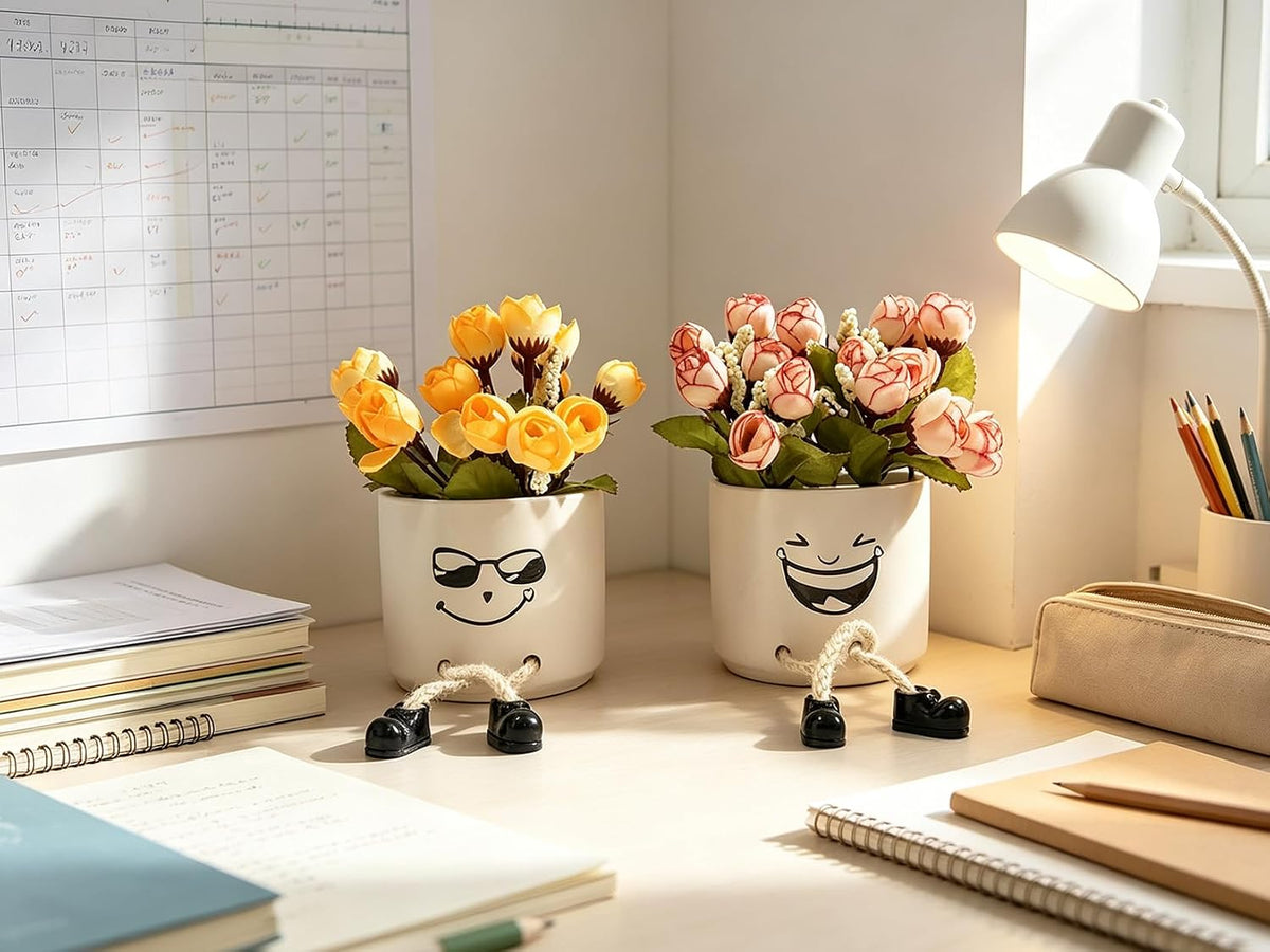 Small Plant Pot with Artificial Succulents, Fake Succulent Plants for Desk Decor, Cute Ceramics Planter with Drainage Holes for Home,Bathroom Office Shelf Decor