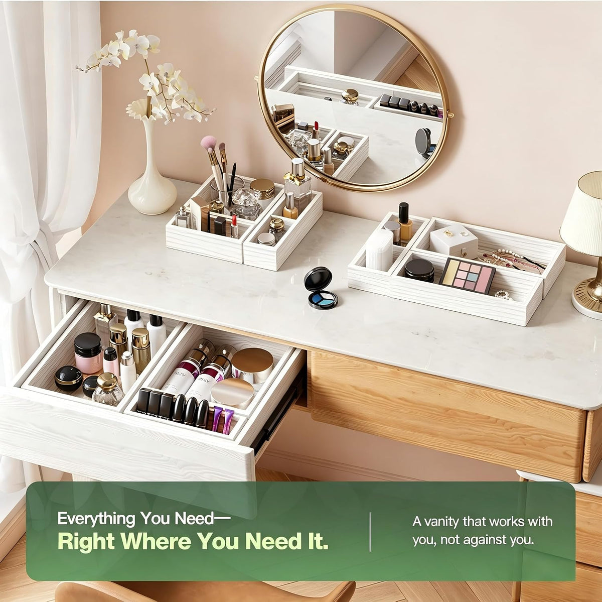 9-Pack Solid Wood Junk Drawer Organizer, Modular Desk Drawer Tray & Accessories with Non-Slip Pad, Multi-Use for Kitchen, Office, Bedroom Dresser, Utensil, Makeup, Stationery, Tea Bags & Coffee Pod