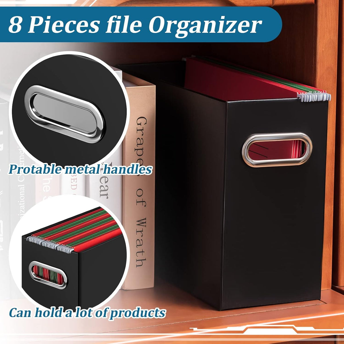 File Organizer Box Cardboard with Handle Collapsible, Black