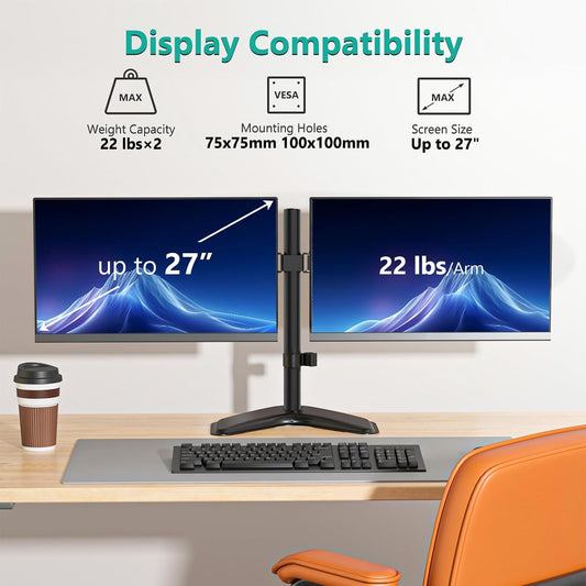 Freestanding Dual Monitor Stand for 13-27 inch Screens, 22 lbs per Arm