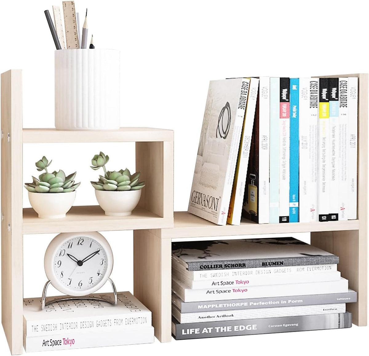 Desktop Organizer Office Storage Rack Adjustable Wood Display Shelf | Birthday Gifts - Toy - Home Decor | - Free Style Rotation Display - True Natural Stand Shelf (White)