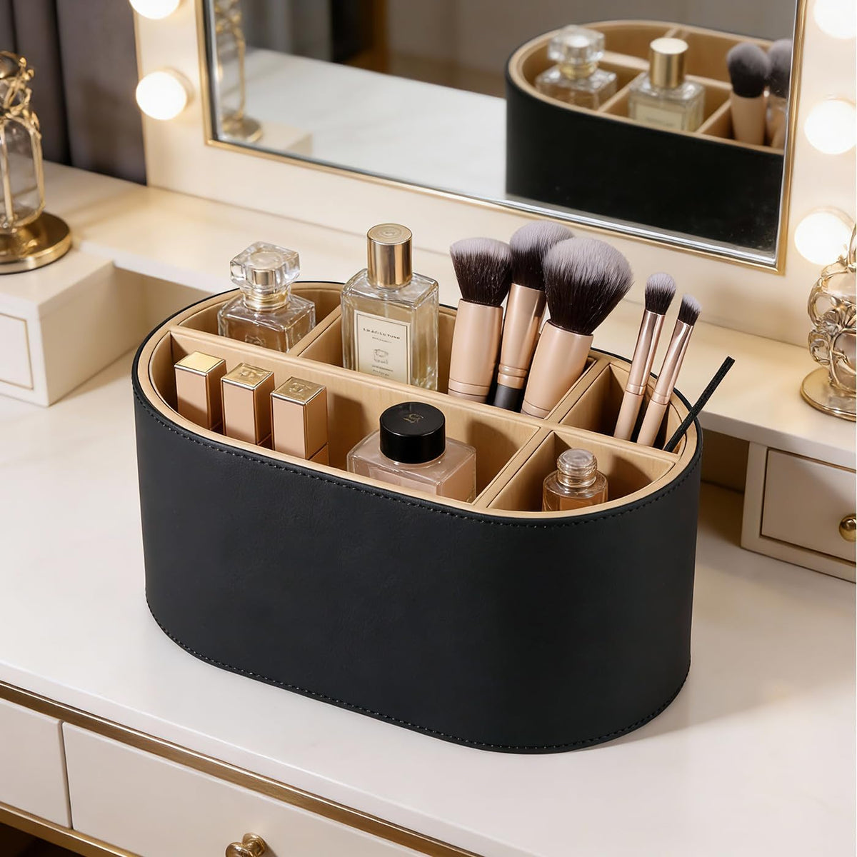 KINGFOM PU Leather Desk Organizer with Multi Compartments, Desktop Caddy Holder for Remote Controls, Pens, Makeup Brushes, Office Accessories (Beige)