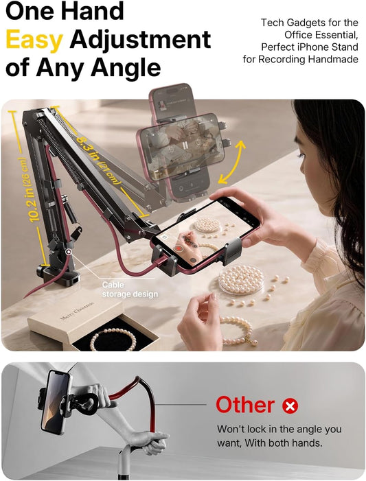 Cell Phone Holder for Bed Desk, Overhead Phone Mount iPhone Recording