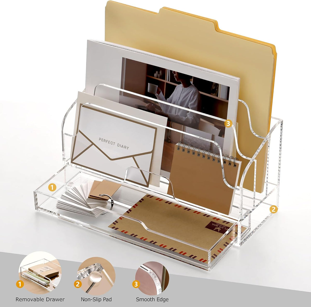 Clear Desk Organizer Holder with Drawers, Acrylic File Mail Sorter