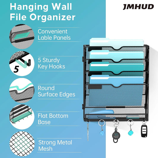 5-Tier Wall File Organizer and Mail Organizer with 5 Hooks, Black