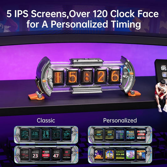 Times Gate - Cyberpunk Gaming Setup Digital Alarm Clock, Smart APP, WiFi Connect, RGB LED Display, Personalized Financial & Bitcoin Dashboard, Pixel Art for Gaming Room & Office Decor, Silver