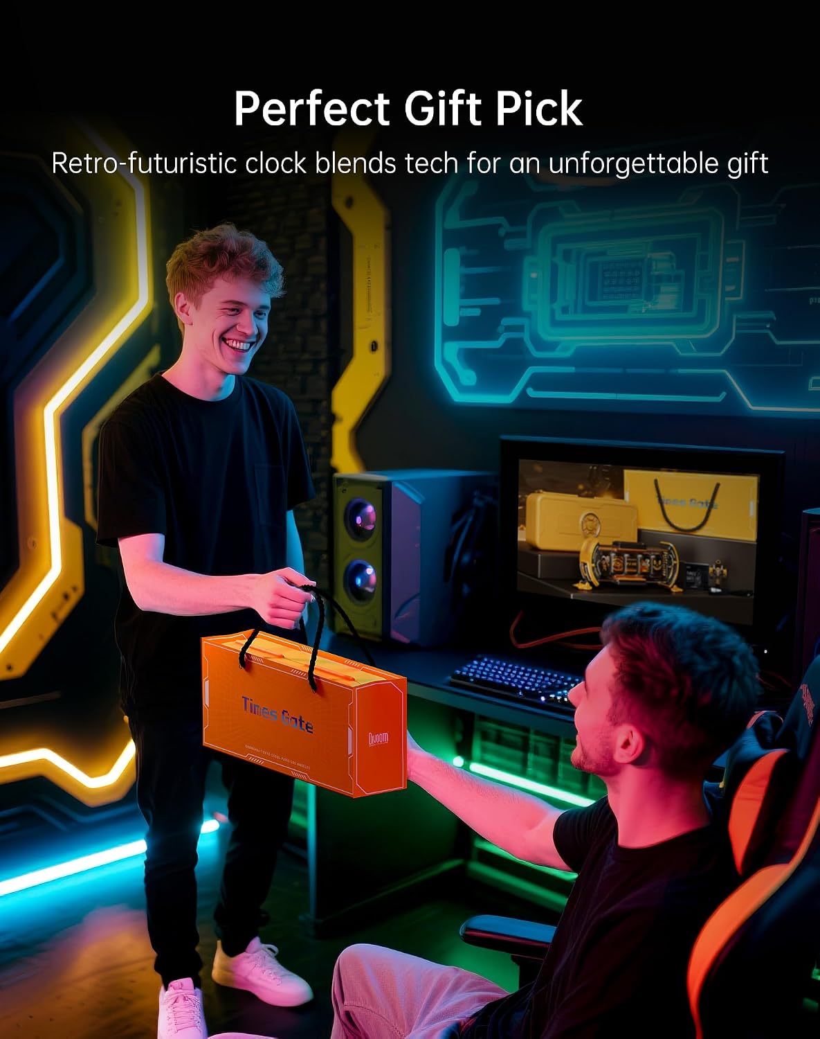 Times Gate - Cyberpunk Gaming Setup Digital Alarm Clock, Smart APP, WiFi Connect, RGB LED Display, Personalized Financial & Bitcoin Dashboard, Pixel Art for Gaming Room & Office Decor, Silver