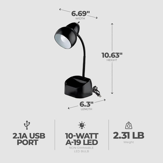 6.3 x 6.69 x 10.63 Inches Goose Neck Desk Lamp with 10 Watt A-19 Non Dimmable LED Bulb, 2.1a USB Port and Organizer, Black