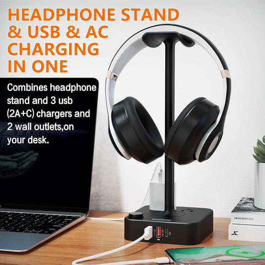 Headphone Stand with Charger for Desk, Gifts for Gamers Men, Black