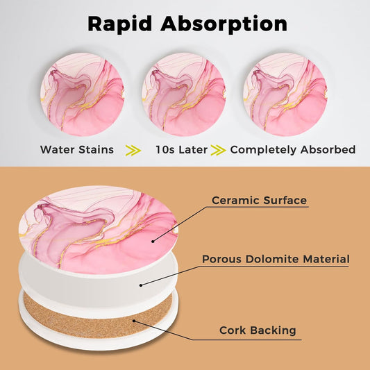 Cute Pink Absorbent Coasters Set of 4, Ceramic Coasters with Gold Holder