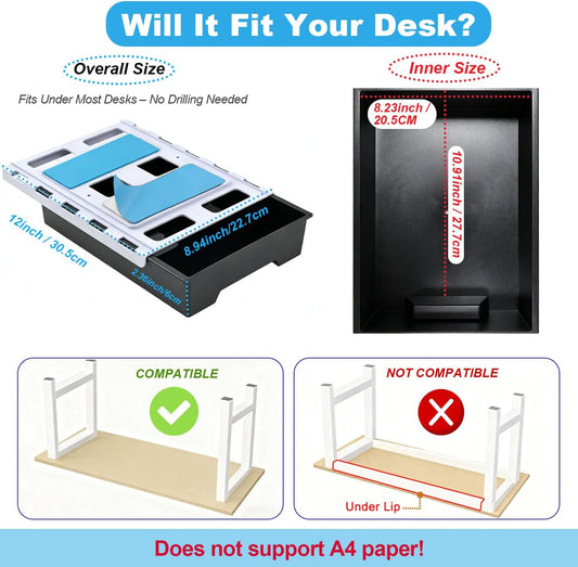 10.91"x 8.23" Under Desk Drawer Storage Organizer, Durable PC Material Self-Adhesive with Slide Out Rail, Hidden Hanging Desk Drawer for Office Supplies, Stationery, No Drilling Install, Black
