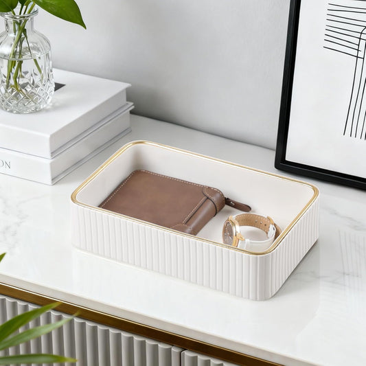 Desk Organizer Tray, PU Leather Nightstand Organizer, Ivory, Small