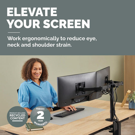 Fellowes Everyday Adjustable Dual Monitor Arm – Holds Two Screens up to 32" (inch) Weighing 19.84 lbs Each, Tilt, Swivel, Rotate, VESA 75/100, Clamp or Grommet Mount, Cable Management