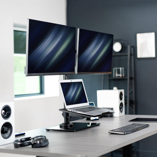 Freestanding Dual Computer Monitor and Laptop Combo Desk Stand with Glass Base, Fits up to 32 inch Monitors and 17 inch Laptops, Black, STAND-V003FGL