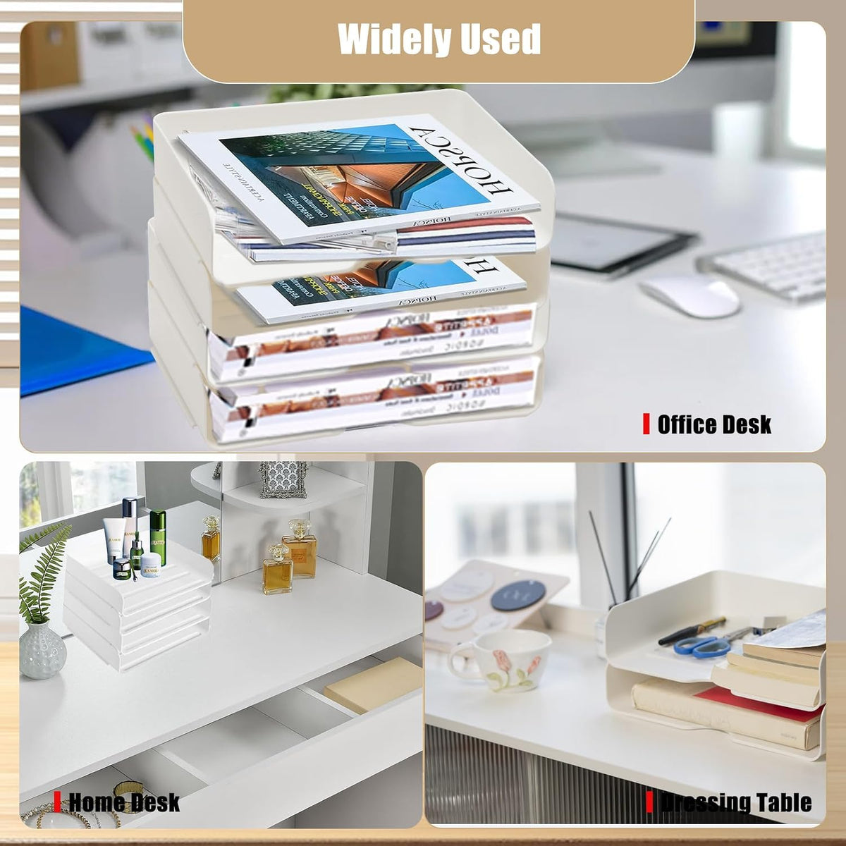 4 Tier Desk Organizer, Stackable Paper Tray Organizer for Document, Letter, A4 File Paper, Desk Accessories, Notes, Pens (White, 4 Pack)