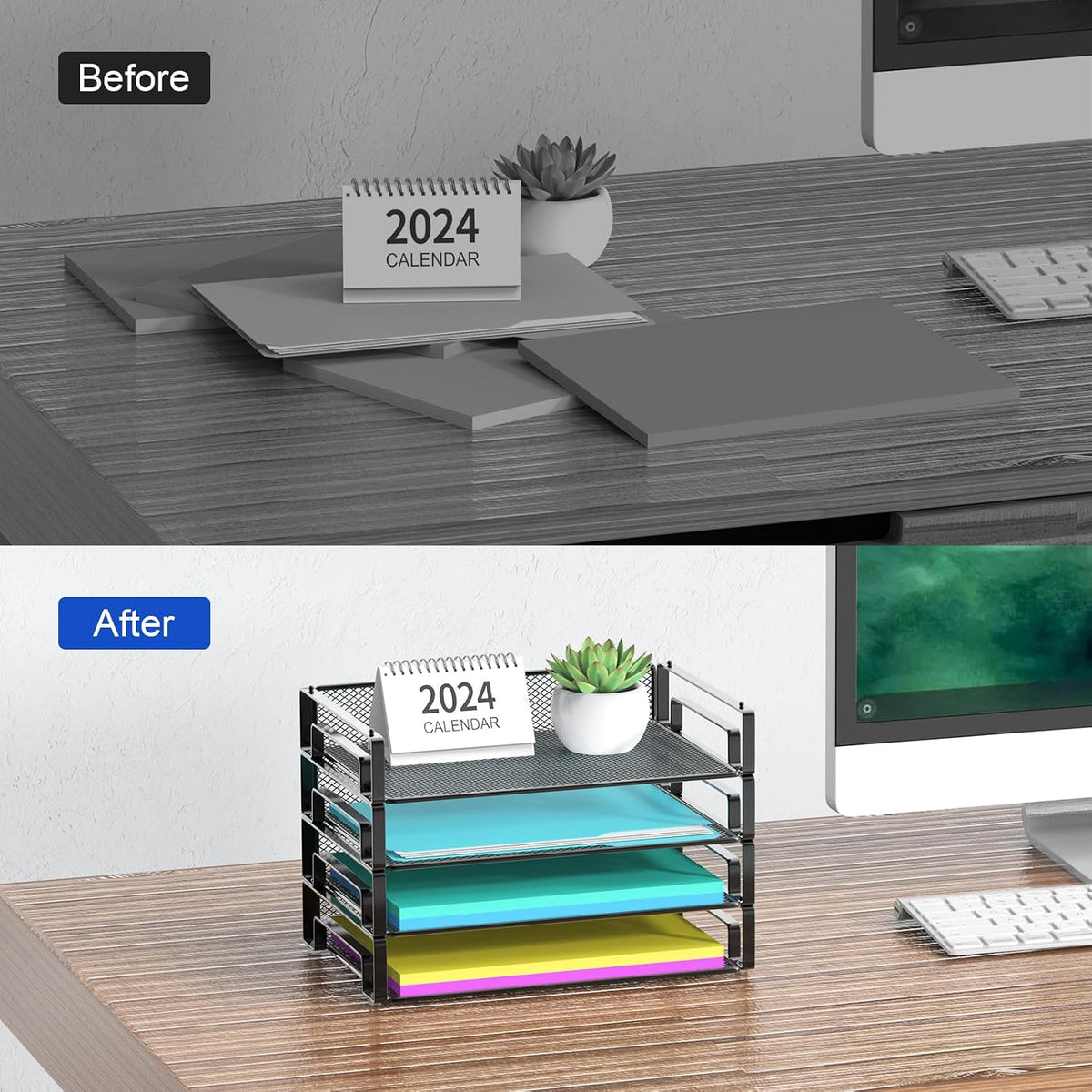 4 Pack Stackable Letter Paper Tray, Desk File Organizer Paper Sorter for Letter/A4 Size Folders Documents, Mesh Made