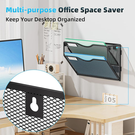 Wall File Holder 2-Tier Hanging Wall File Organizer, Mesh Mail Holder for Papers, Wall Mount File Clipboard & Magazine Organizer Great for Office Home (Black)