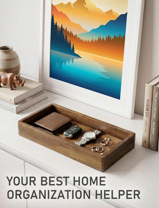Valet Tray & Catchall, Dark Brown Acacia Wood Organizer, 12.2 x 6 in